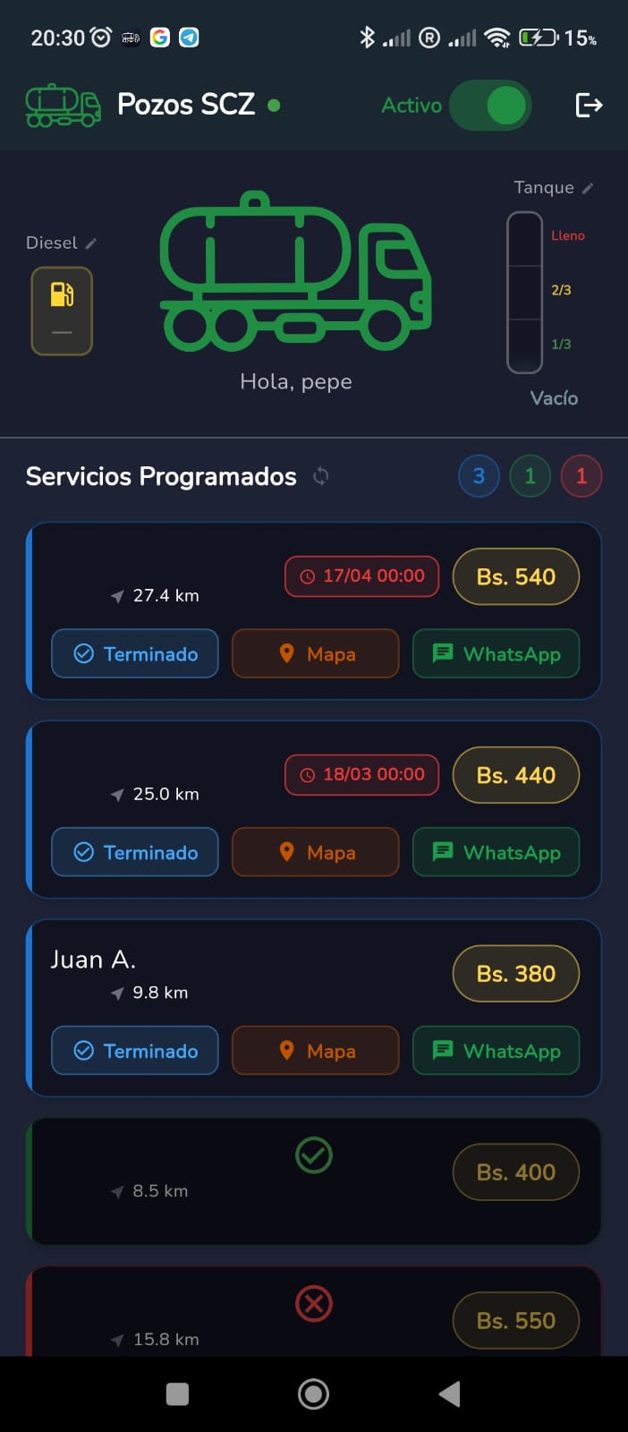 App móvil del operador con sus tareas del día